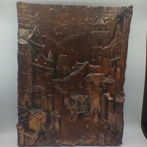 Mid Century Relief Plastic Copper Wall Art City Scene Ready to Hang